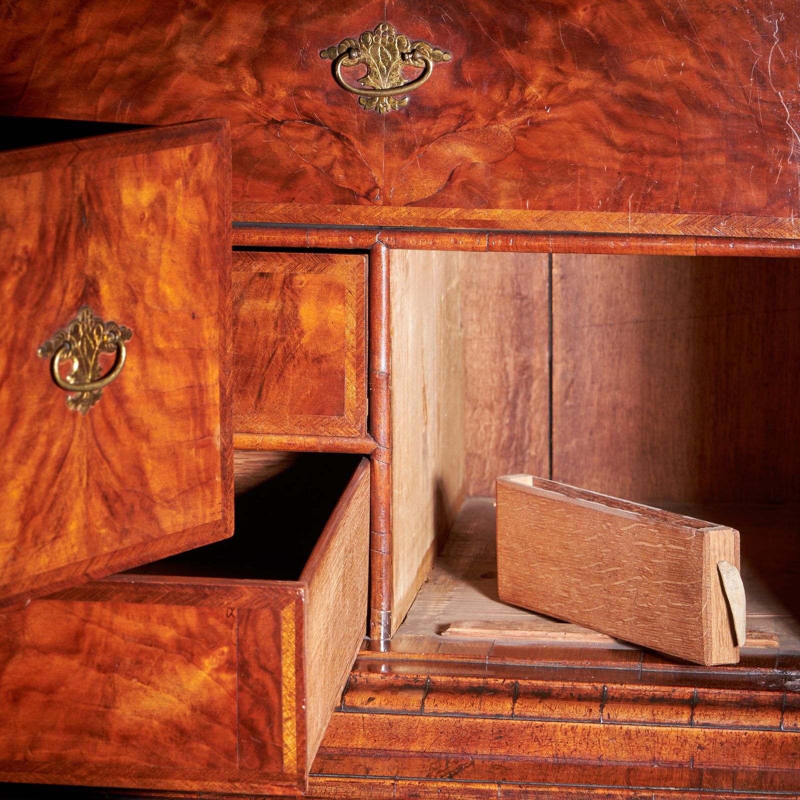 18th Century Queen Anne Burr Walnut Mirrored Cabinet On Chest, Circa 1705 1715 photo vinterior