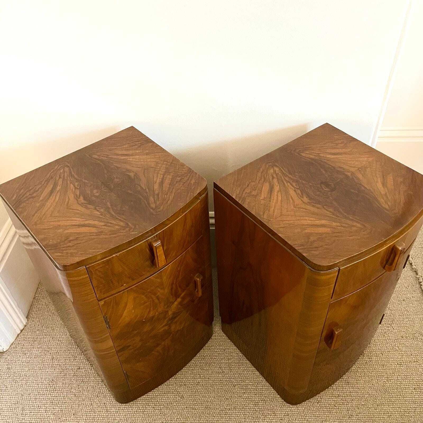 A Pair Of Walnut Art Deco Night Stands / Bedside Tables photo vintage