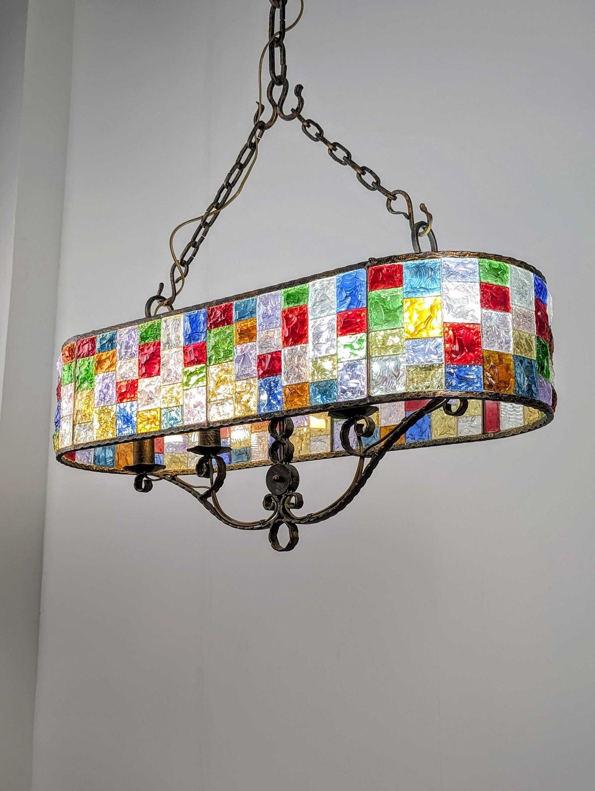 Large Italian Multicolor Hammered Glass And Wrought Iron Chandelier