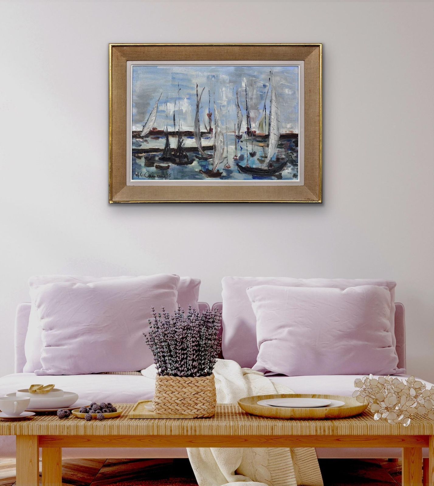 photo for sale M.O. Cahierre. Post Impressionist French Art. Petit Port Du Havre,1965. Mid 20th Century Framed Oil On Canvas Painting.