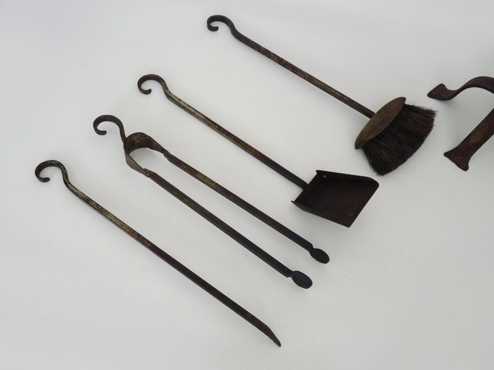 Pair Of Wrought Iron Firedogs With Antique 19th Century Fireplace Tools photo vintage