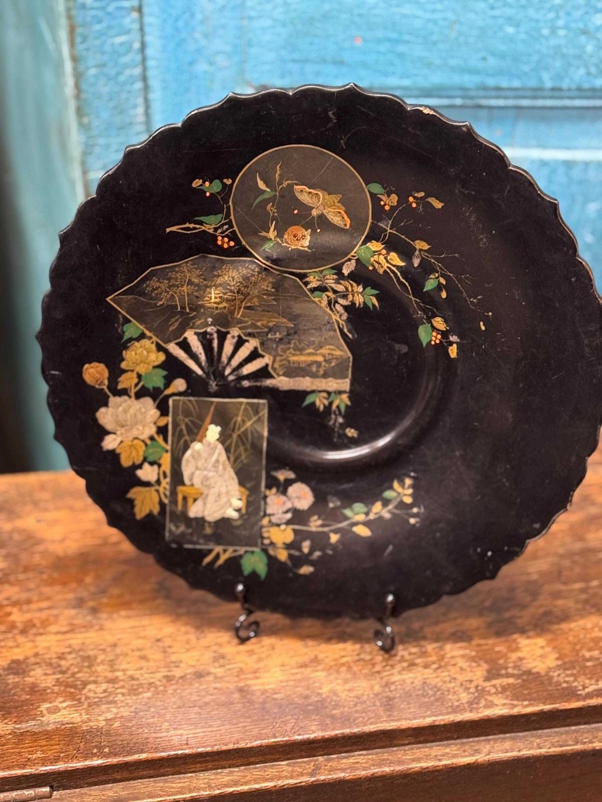 Antique 19th.C Papier Mâché Lacquered Chinese Tray Plate Bowl / Chinoiserie C photo 65.0