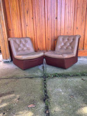 Set Of Mid Century Modern Brown Leather And Fabric Chairs, 1960s