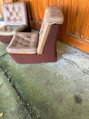 Set Of Mid Century Modern Brown Leather And Fabric Chairs, 1960s photo vinterior