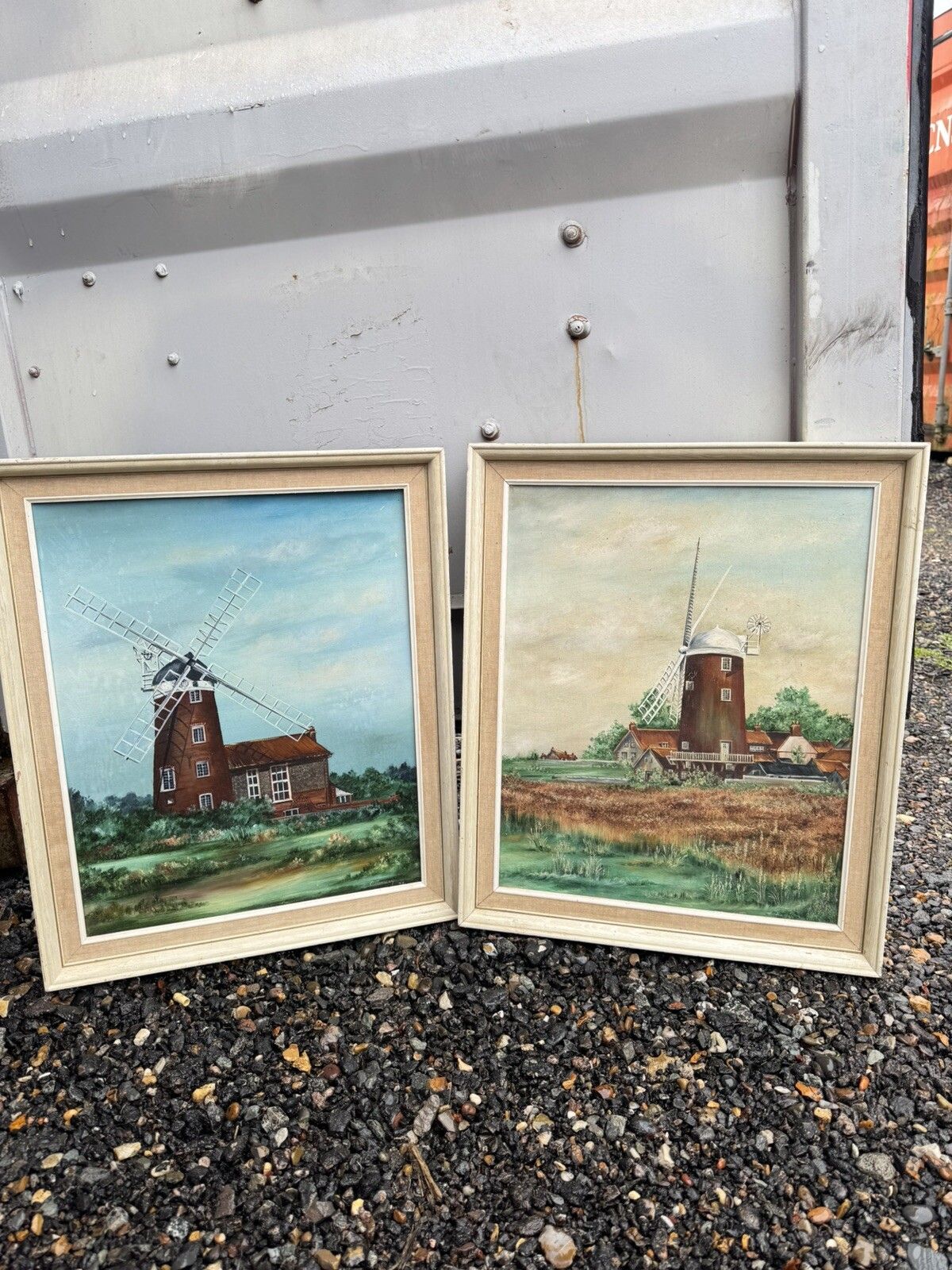 Mid Century  1970 Vintage Windmill Oil Paintings Suffolk Norfolk Artworks