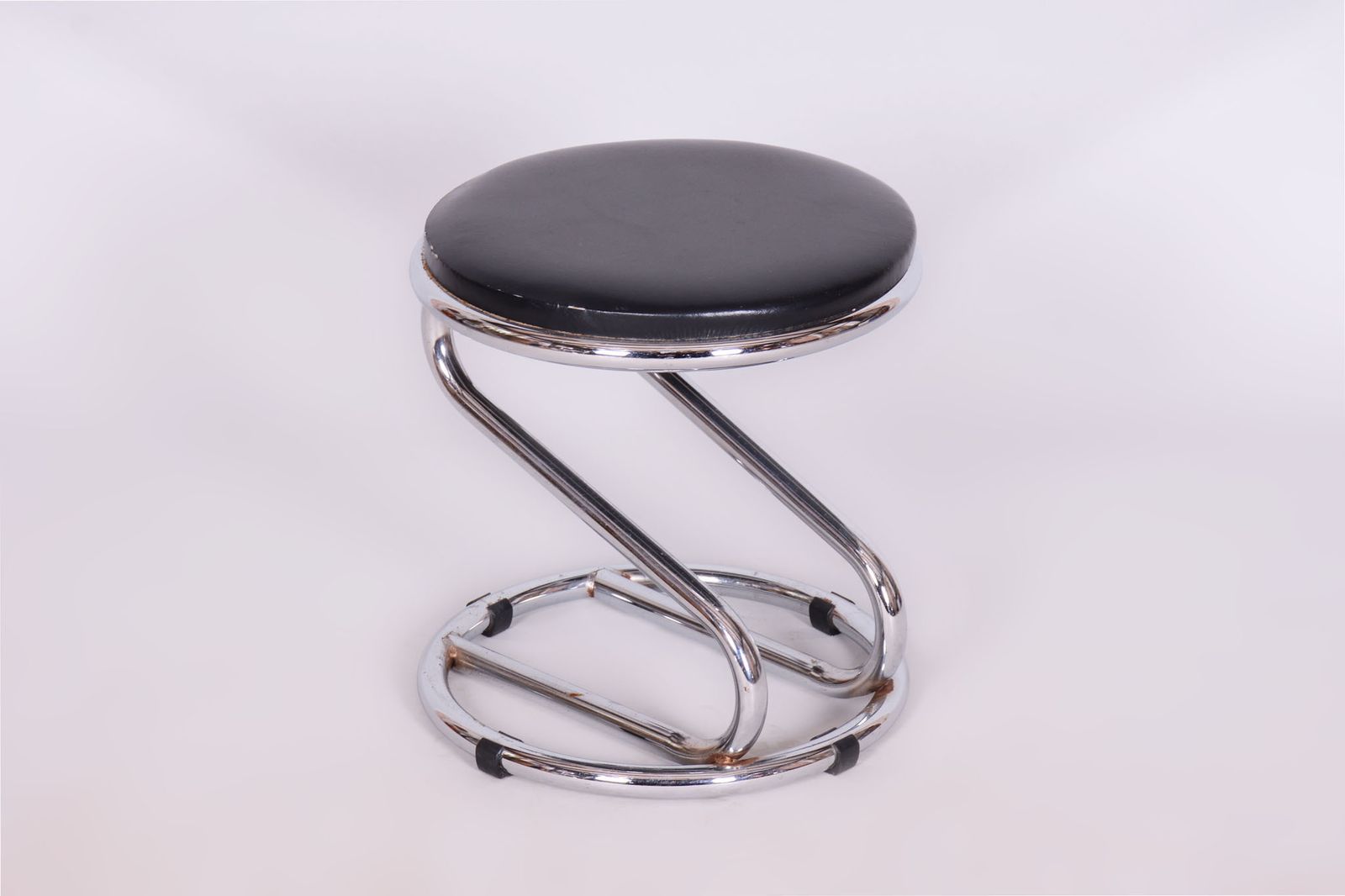 Restored Bauhaus Stool, Chrome Plated Steel, Leatherette, Geman, 1950s
