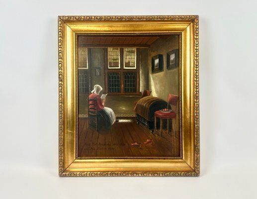 Josef Baüm After Pieter Janssens Elinga, Reading Woman, Oil On Canvas, 1944, Framed