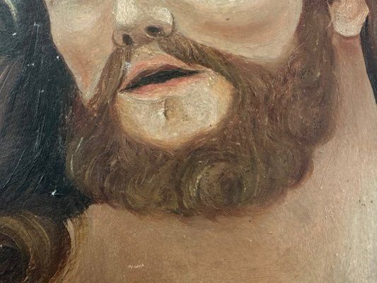 The Face Of Christ Jesus With Crown Of Thorns, Oil On Cardboard, 19th Century photo for sale