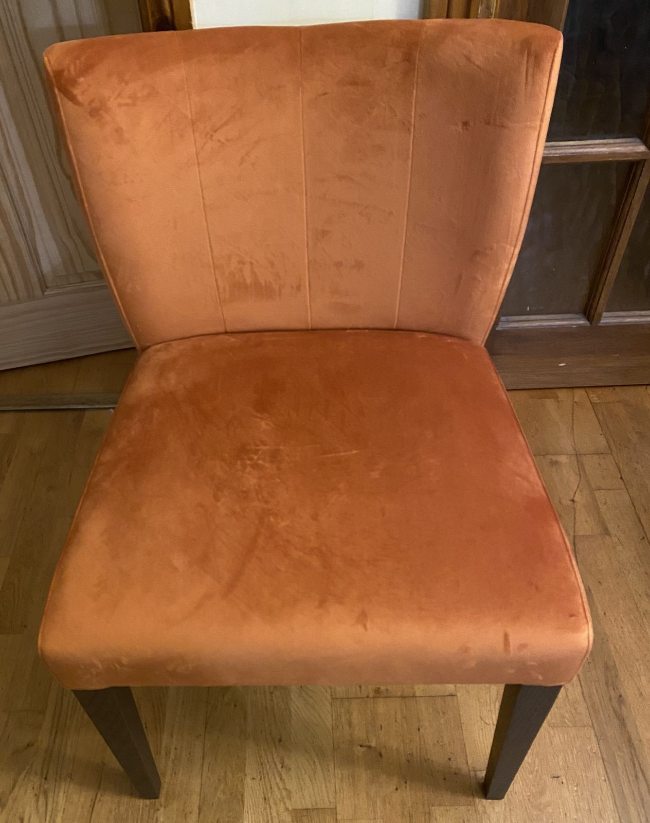 Dark Oak Low Back Harvest Pumpkin Velvet Fabric Chairs X 4 photo 280.0