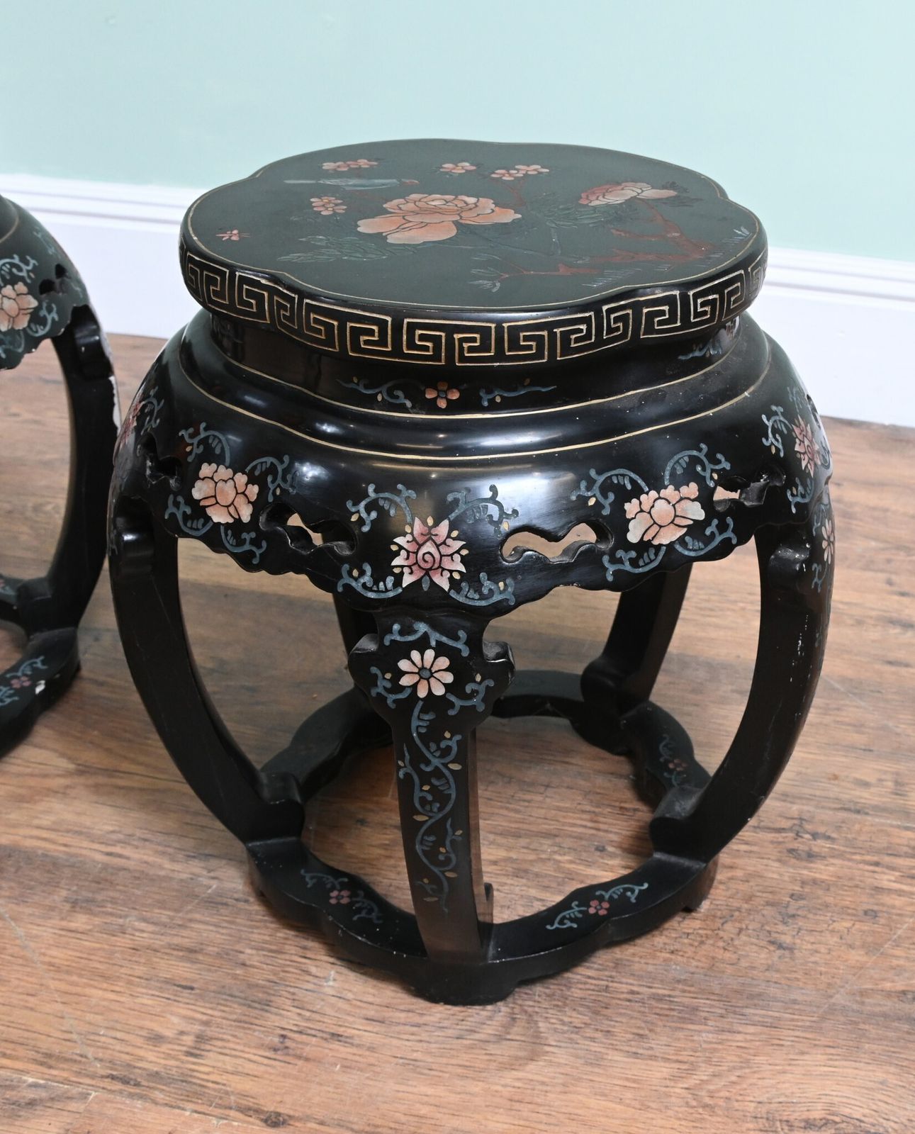 Pair Chinese Plant Stands Lacquered Painted Pedestal Table 1920 photo 875.0