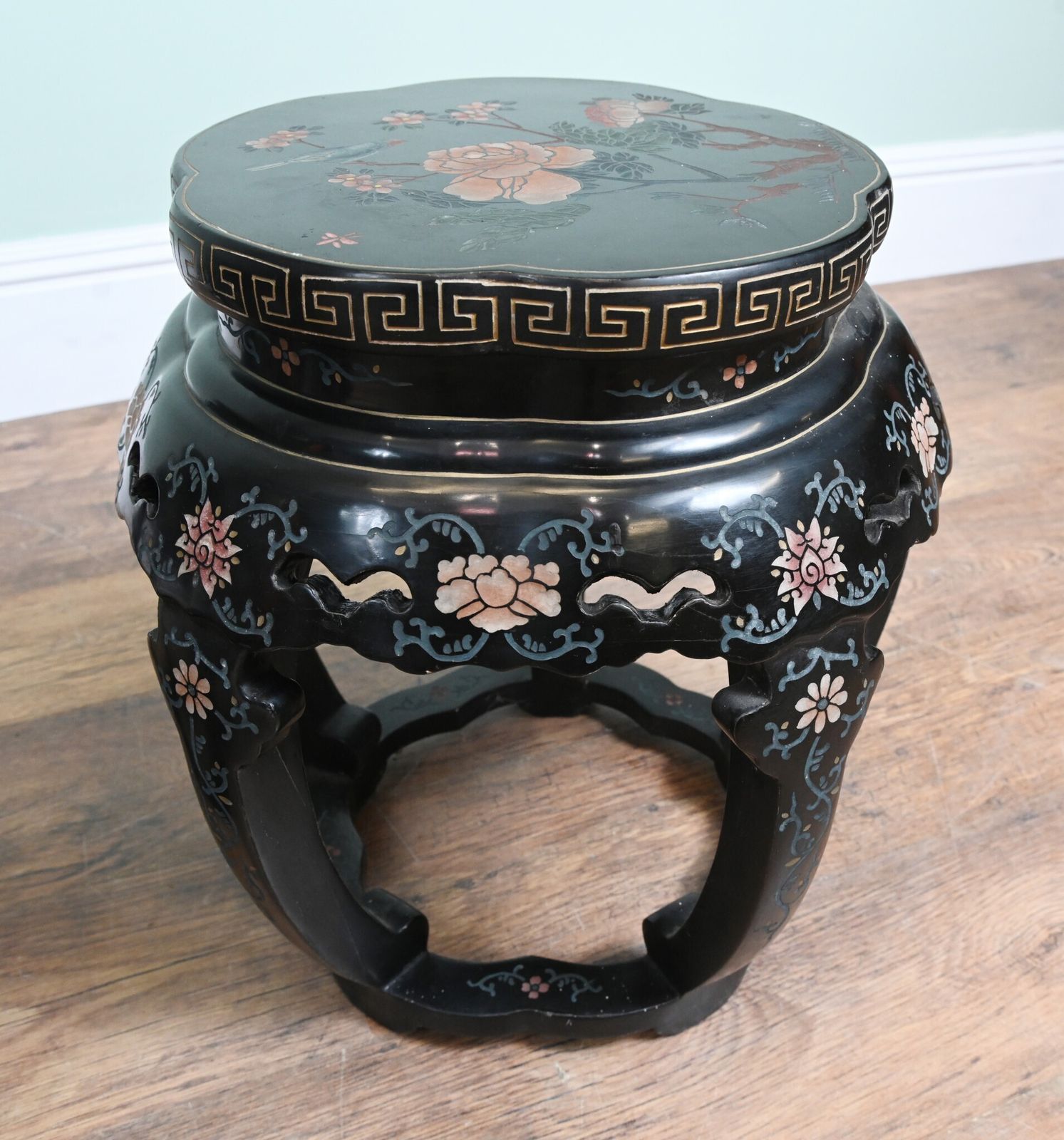 Pair Chinese Plant Stands Lacquered Painted Pedestal Table 1920 photo buy