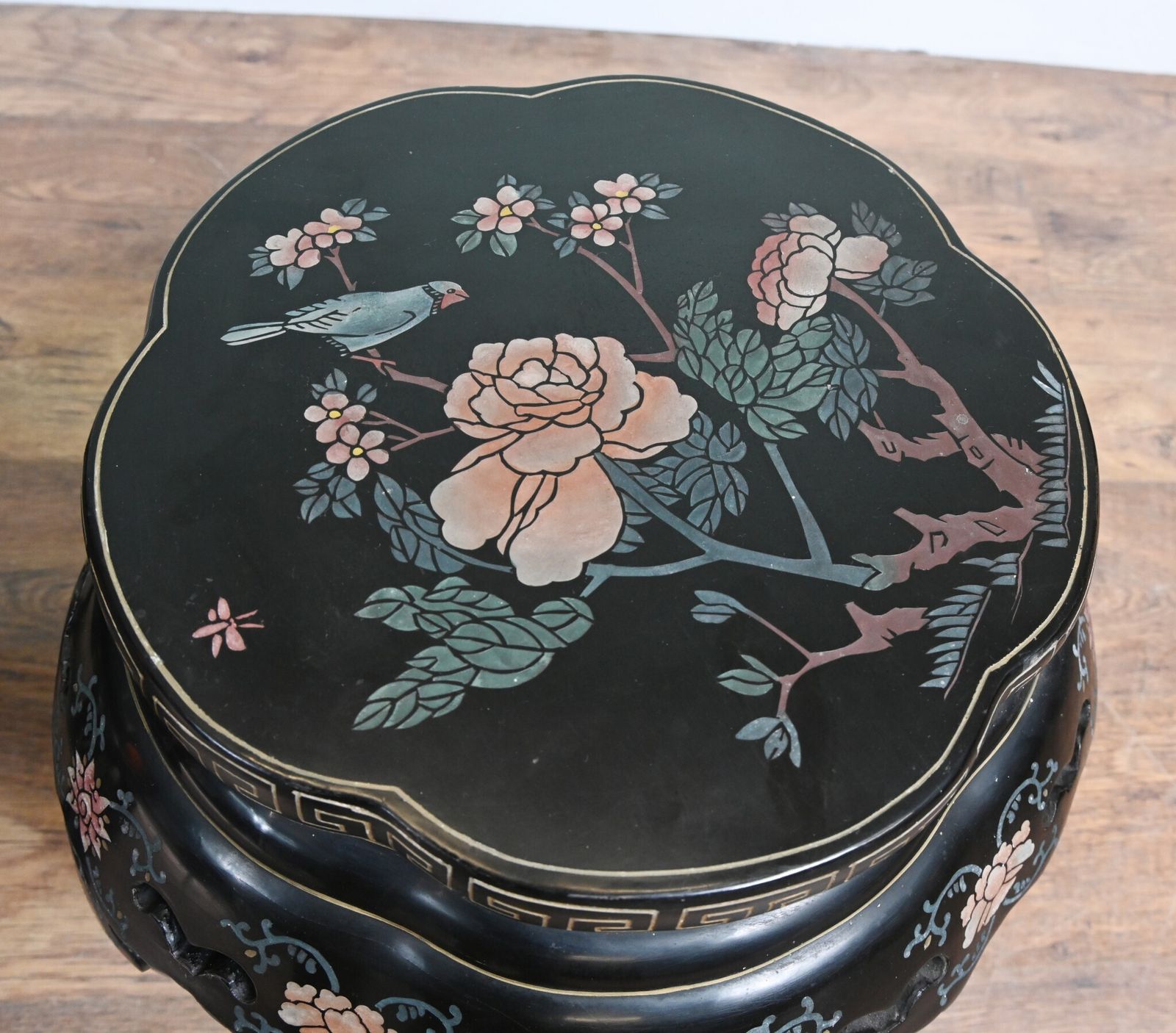 Pair Chinese Plant Stands Lacquered Painted Pedestal Table 1920 photo vintage