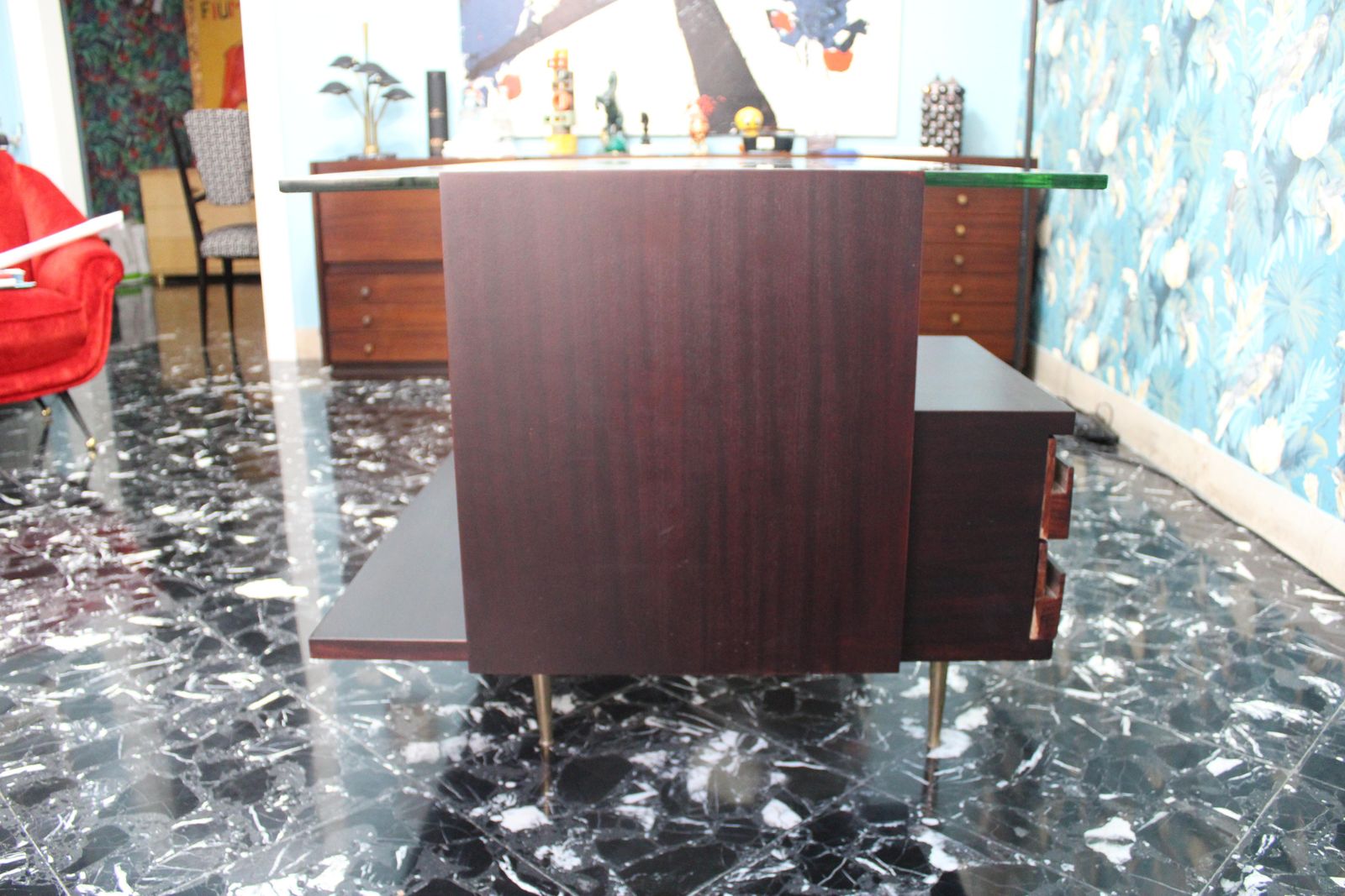 Mid Century Desk Wood Brass And Laminate Crystal Top Gio Ponti Style photo Furniture
