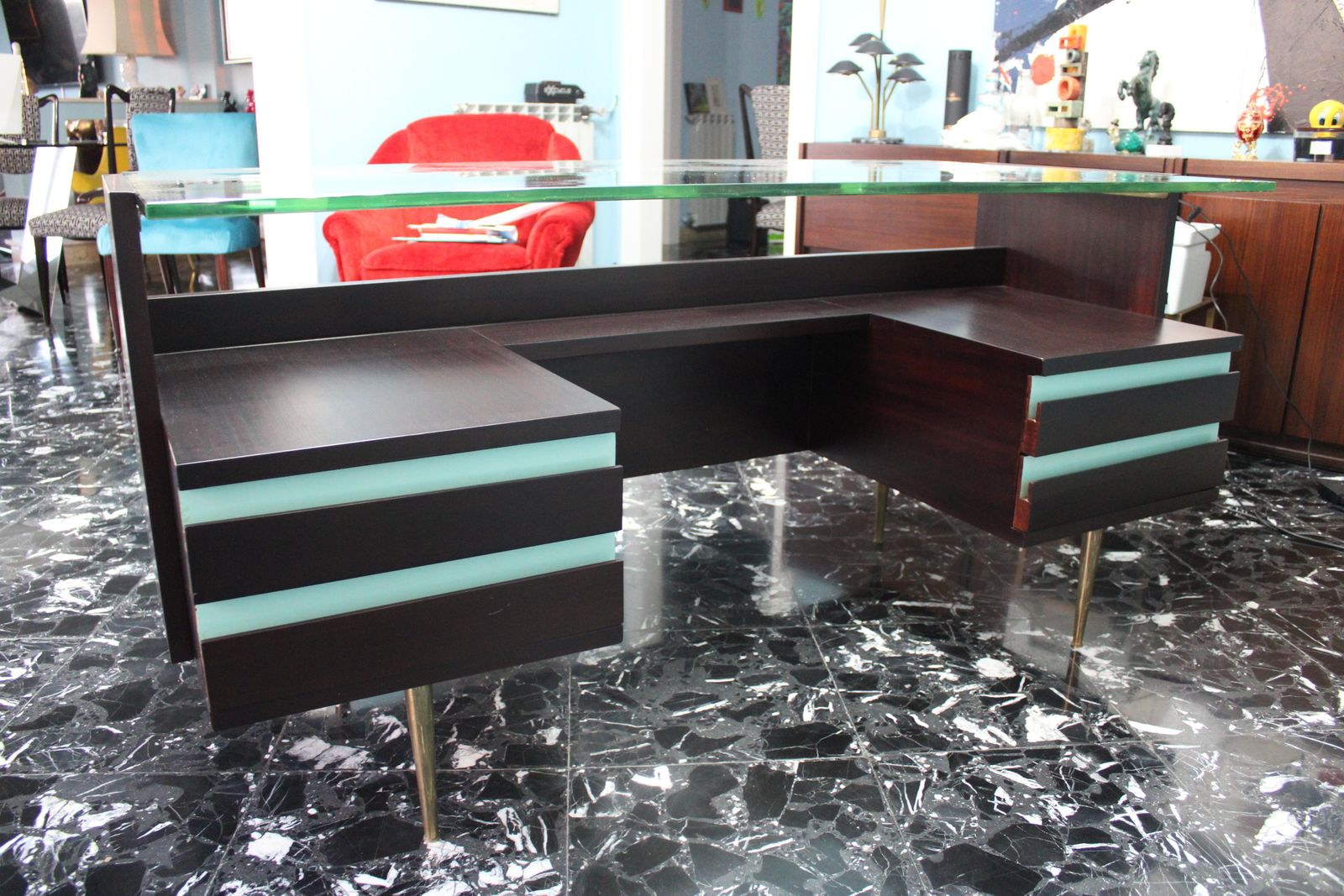 Mid Century Desk Wood Brass And Laminate Crystal Top Gio Ponti Style photo vinterior