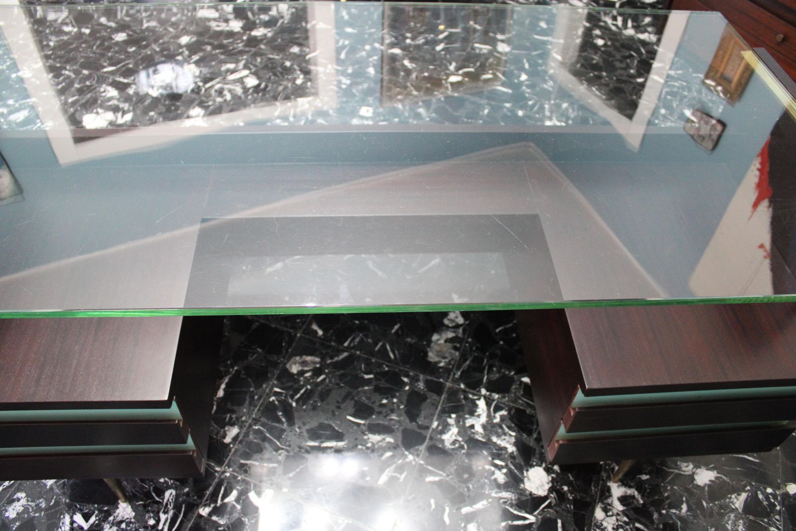 Mid Century Desk Wood Brass And Laminate Crystal Top Gio Ponti Style photo vintage