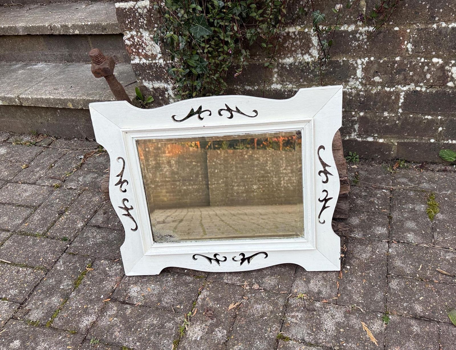Antique Painted Wall Mirror, Decorated Mirror Frame, Bevelled Glass – Attractive Small Painted Vintage Mirror (50cm X 40cm)
