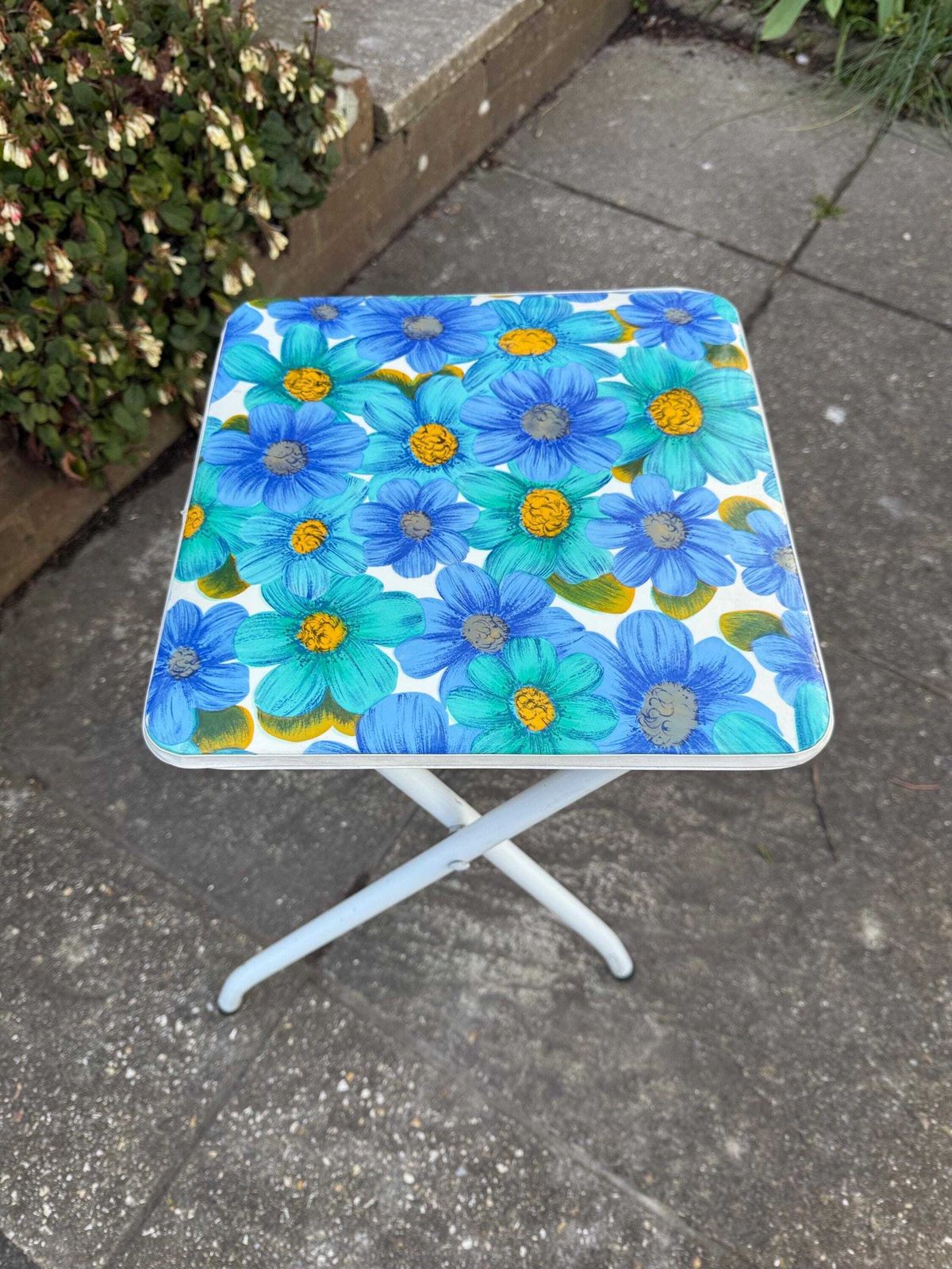 Retro Bright Blue Folding Floral Stool   Vintage Kitchen Stool, Folding Stool, Retro Stool, Playroom, Art Room Stool photo Furniture