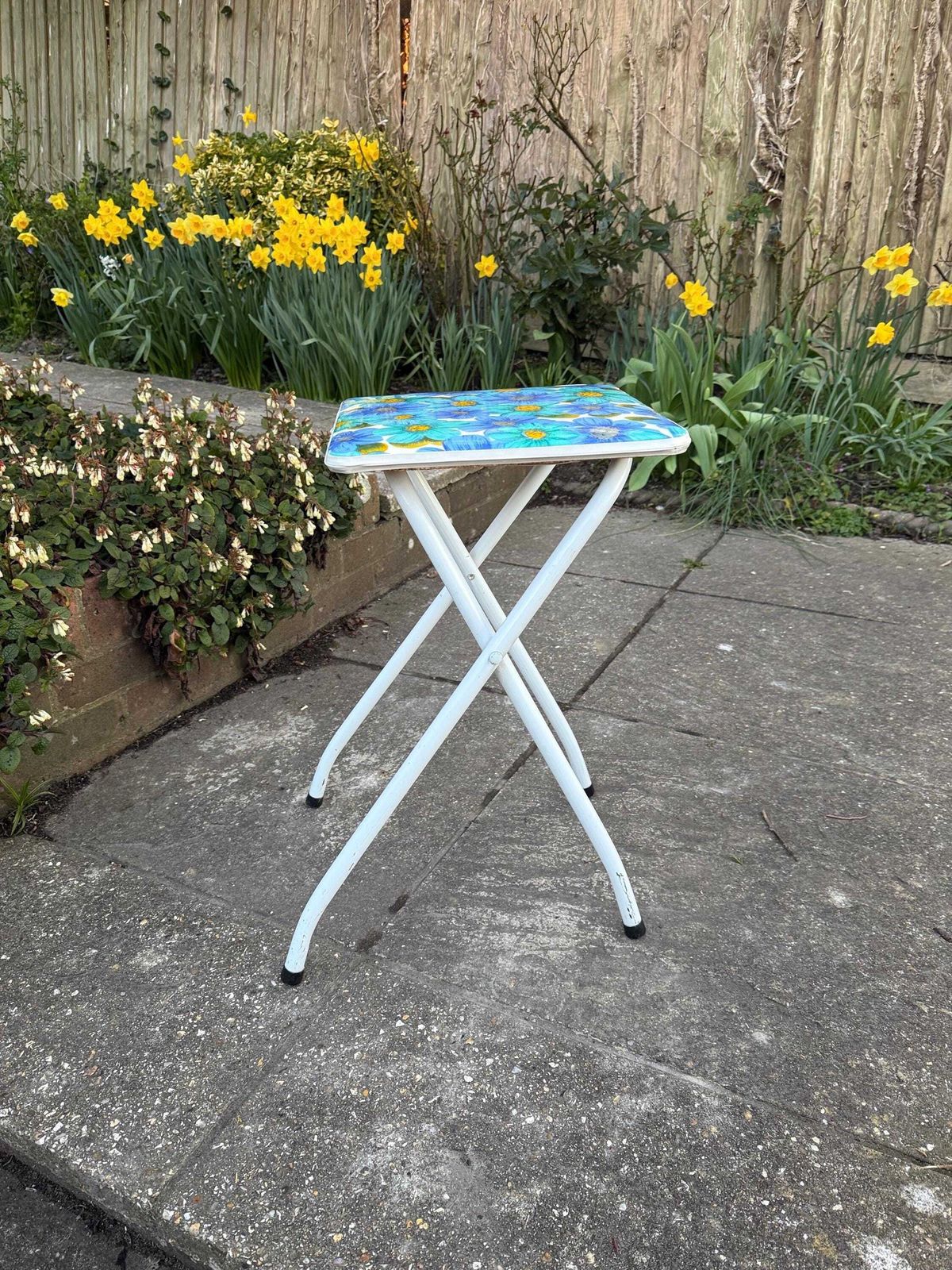 Retro Bright Blue Folding Floral Stool   Vintage Kitchen Stool, Folding Stool, Retro Stool, Playroom, Art Room Stool photo vinterior