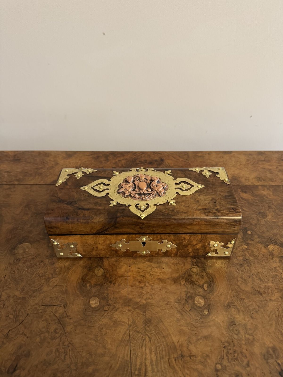 Outstanding Quality Antique Burr Walnut And Brass Mounted Jewellery Box photo for sale