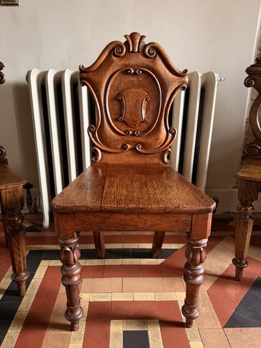English Antique Oak Carved Armorial Hall Chairs X 3 photo buy