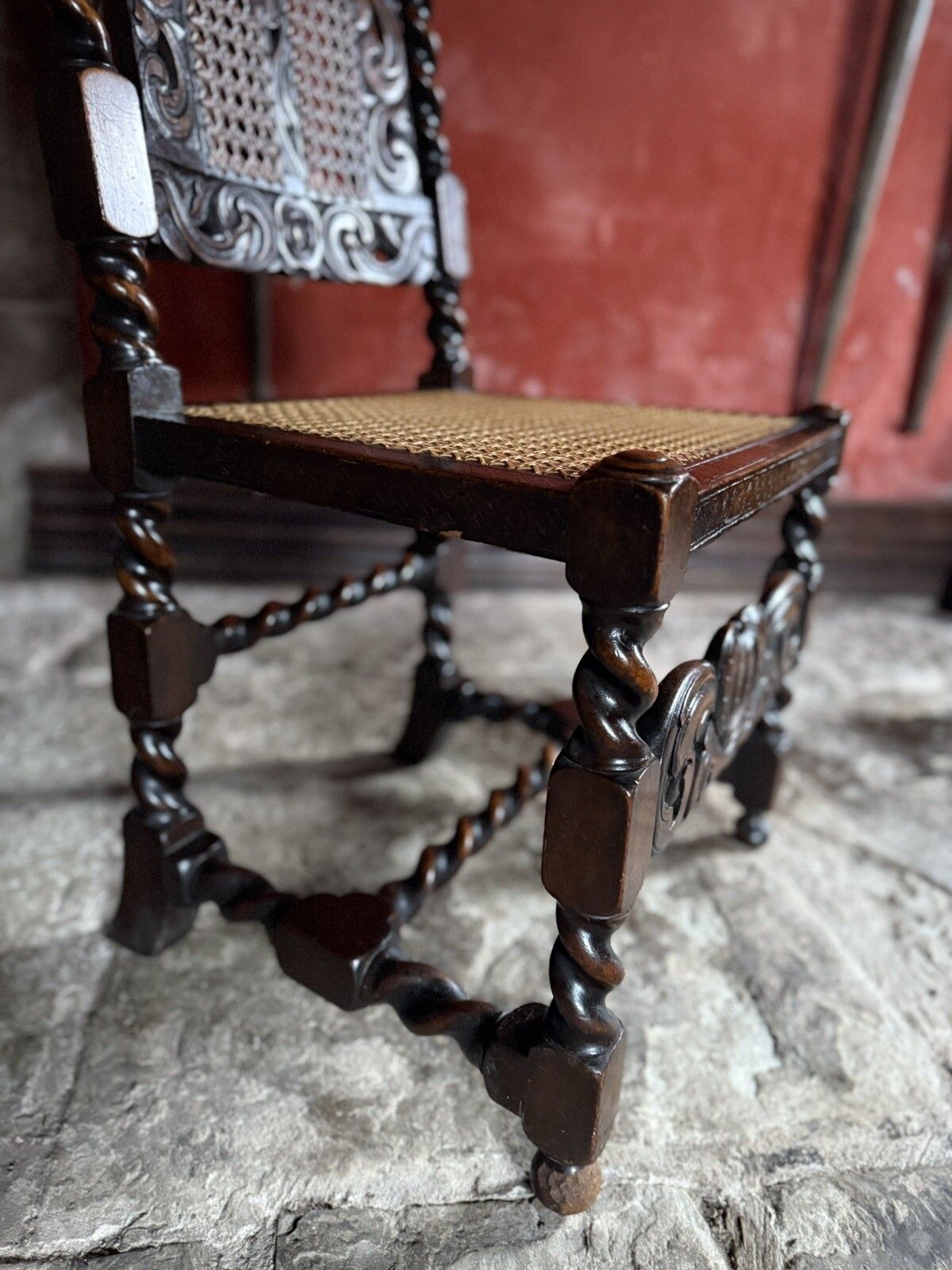 William And Mary Period Antique Walnut Hand Carved Ornate Hall Cane Chair photo Furniture