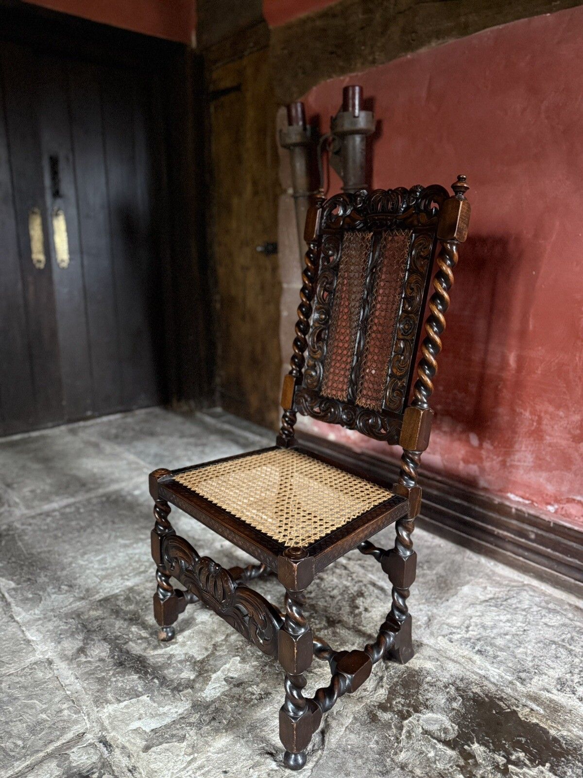William And Mary Period Antique Walnut Hand Carved Ornate Hall Cane Chair photo vinterior