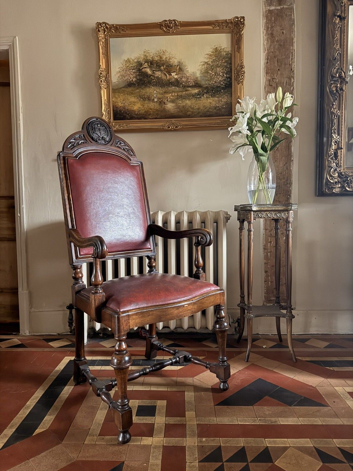 High Quality Antique Walnut Red Burgandy Leather Armchair Chair Circa 1900