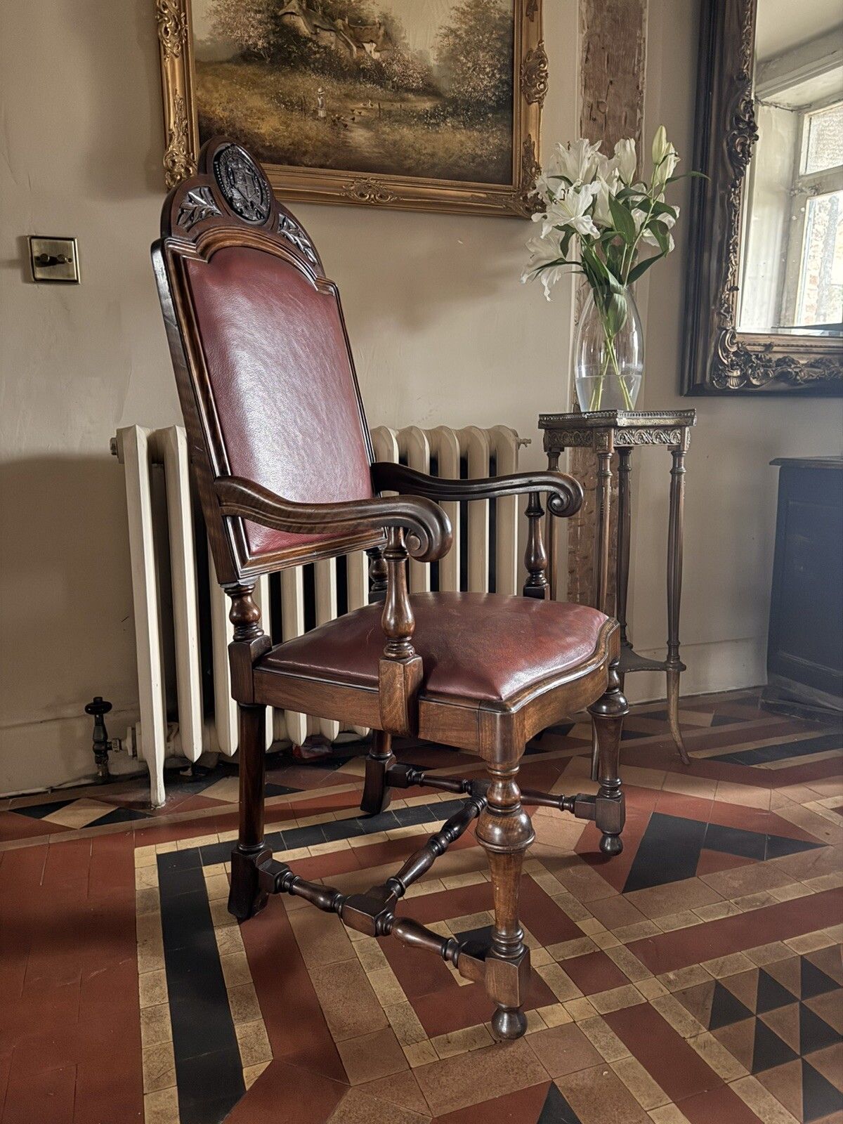 High Quality Antique Walnut Red Burgandy Leather Armchair Chair Circa 1900 photo vintage
