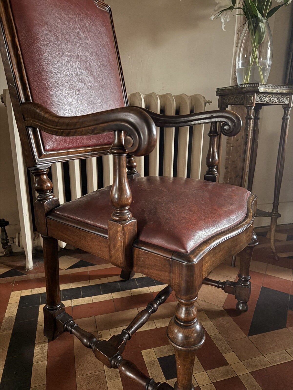 Furniture High Quality Antique Walnut Red Burgandy Leather Armchair Chair Circa 1900 photo