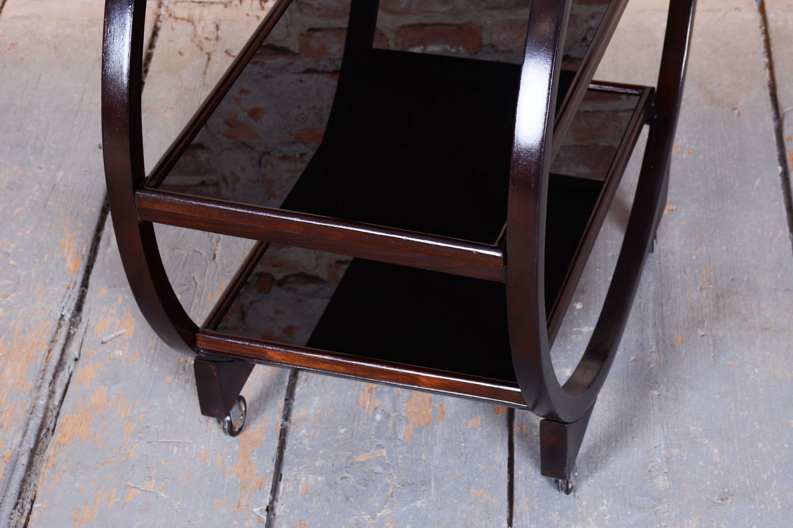Restored Art Deco Trolley, By Thonet, Oak, Black Glass, Czech, 1930s photo vintage