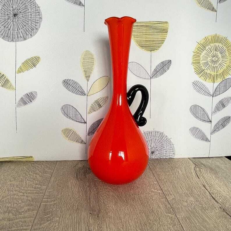 Flame Orange Red Empoli Glass Vase   Mid Century Modern Vase With Single Black Handle photo 75.0