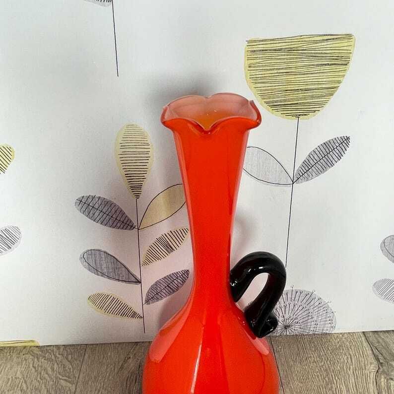 Flame Orange Red Empoli Glass Vase   Mid Century Modern Vase With Single Black Handle photo vinterior