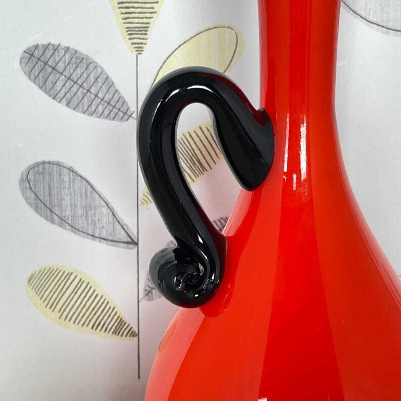 Flame Orange Red Empoli Glass Vase   Mid Century Modern Vase With Single Black Handle photo vintage