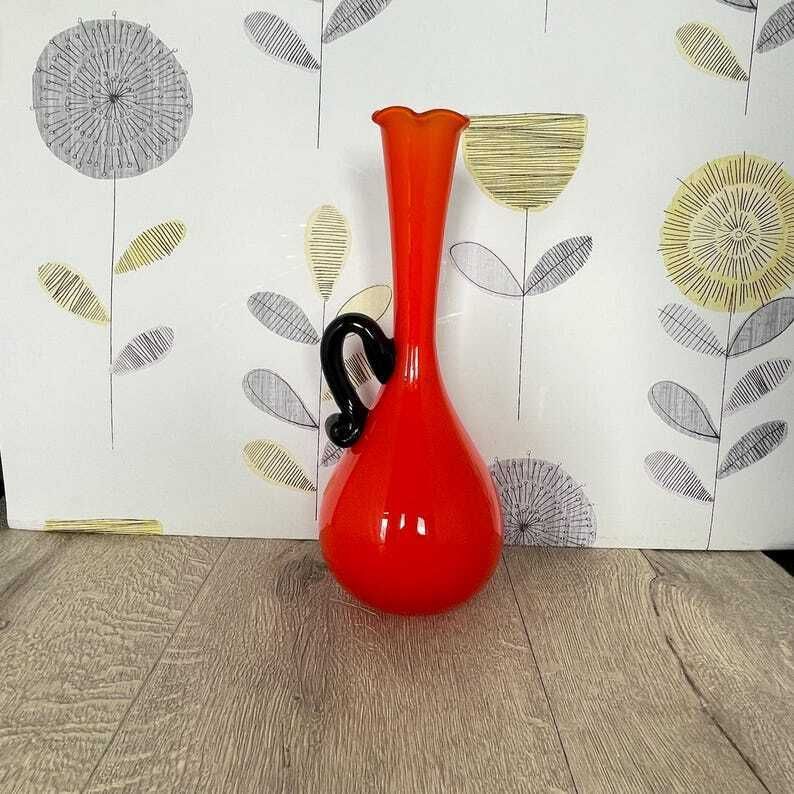 photo furniture Flame Orange Red Empoli Glass Vase   Mid Century Modern Vase With Single Black Handle