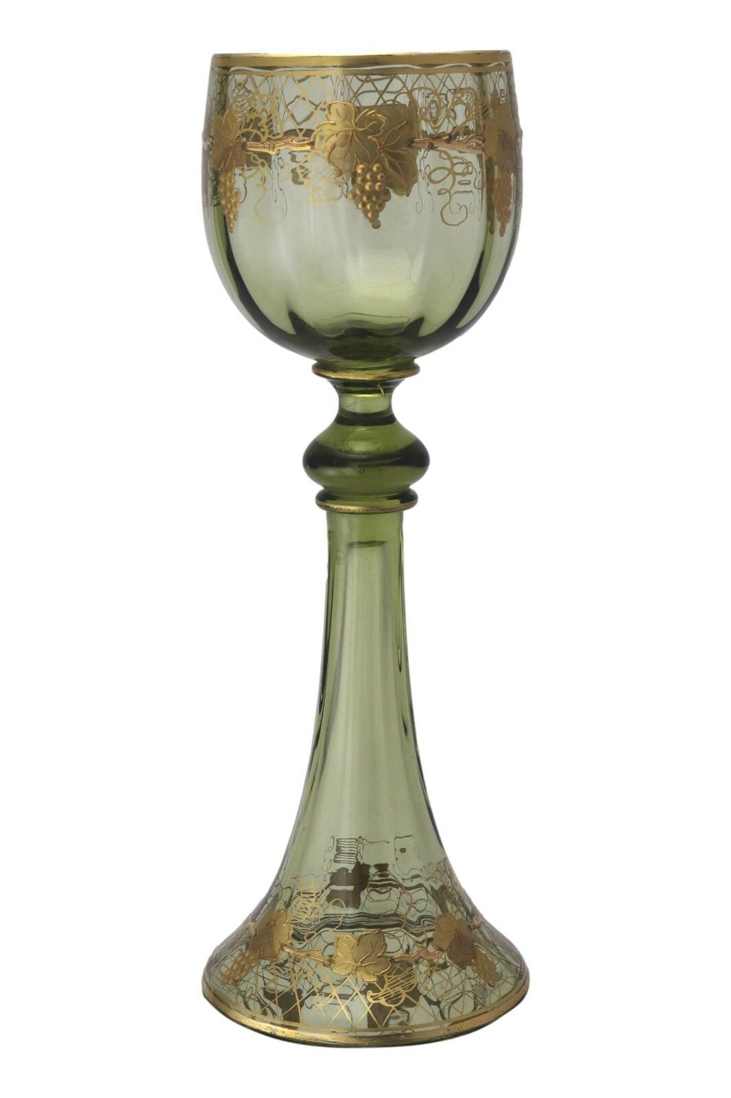 Bohemian / Moser Crystal Green Hock / Roemer Gilt Fruiting Vine Glass 8"