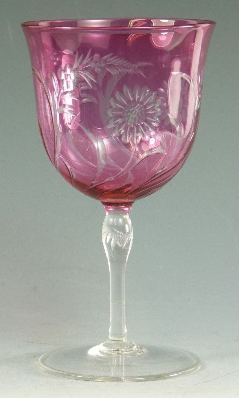 Stevens & Williams Crystal Antique Cranberry Art Nouveau Floral Cut Wine Glass