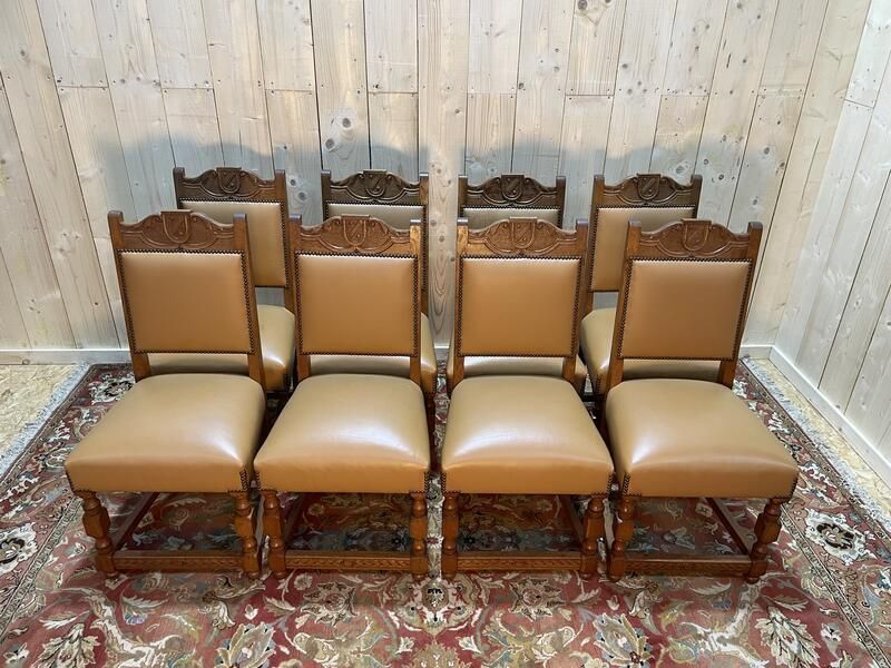 Suite De 8 Chaises Style Louis XIII   Haute époque En Cuir photo vintage