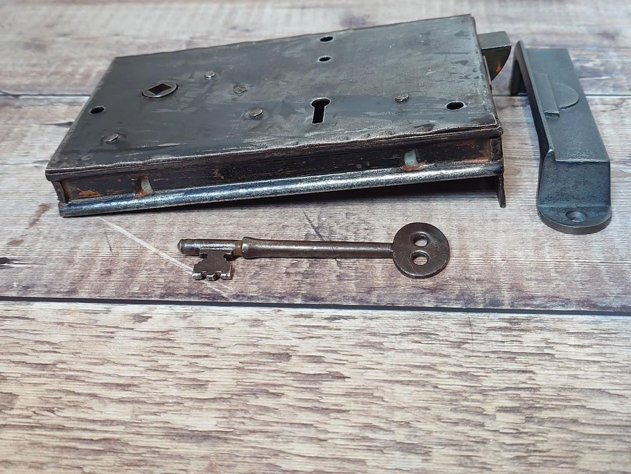 Heavy Antique Lock With Iron Keep And Key, Old Rim Lock, Salvaged Steel Lock photo Home Fixtures