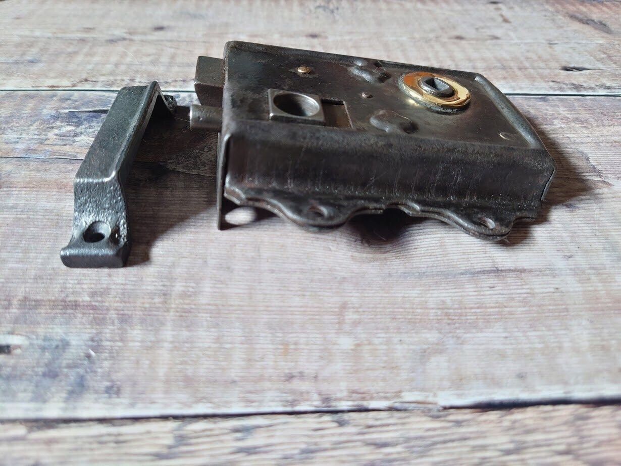 Vintage Steel Lock With Iron Keep, Vintage Sliding Lock, Old Latch photo for sale