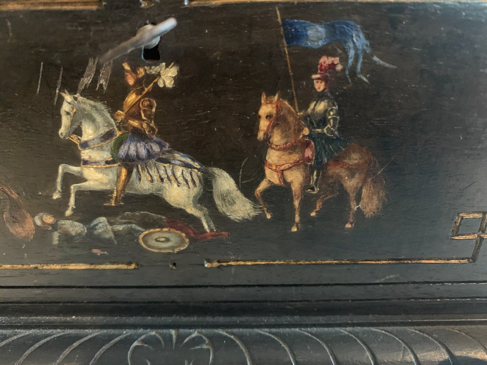 Black Wooden Carved Jewelry Box With Polychrome Decor 19th Century photo for sale