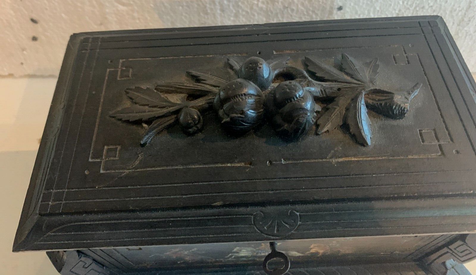 Black Wooden Carved Jewelry Box With Polychrome Decor 19th Century photo vinterior