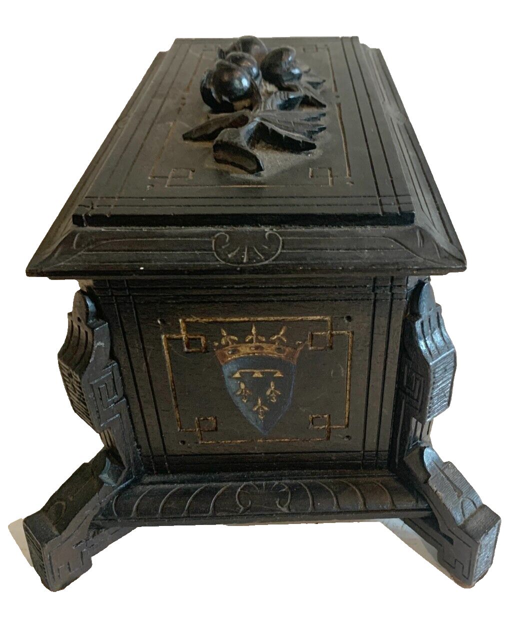 Black Wooden Carved Jewelry Box With Polychrome Decor 19th Century photo vintage