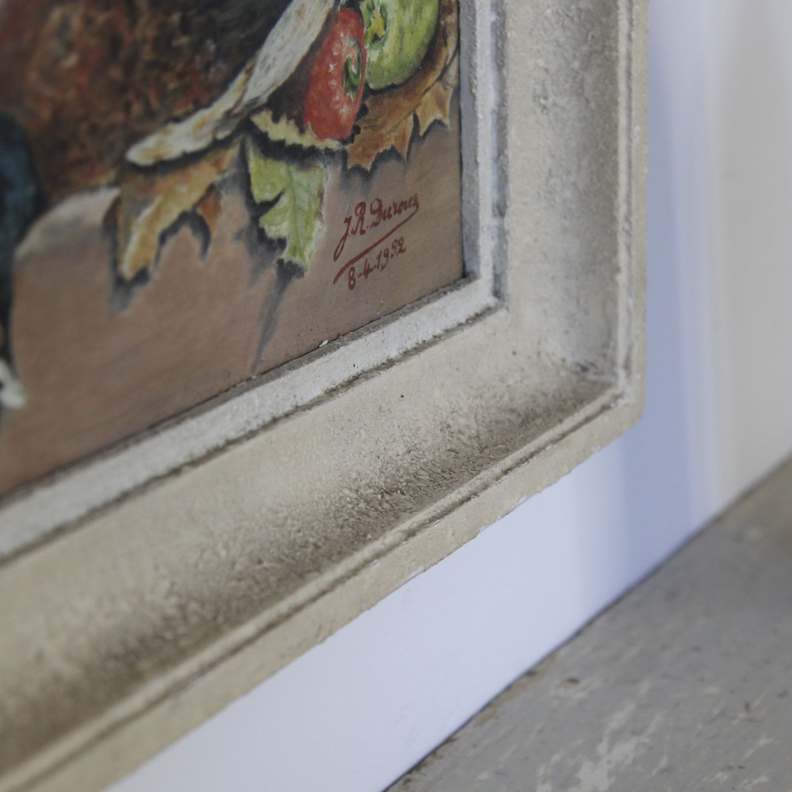 Antique French Mid Century Still Life, Oil On Board Dated 1952 photo vintage