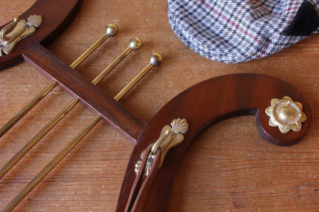 Lyre Shaped Riding Whip Rack. Victorian Wood & Brass Hat Coat Hook Stand. photo Furniture