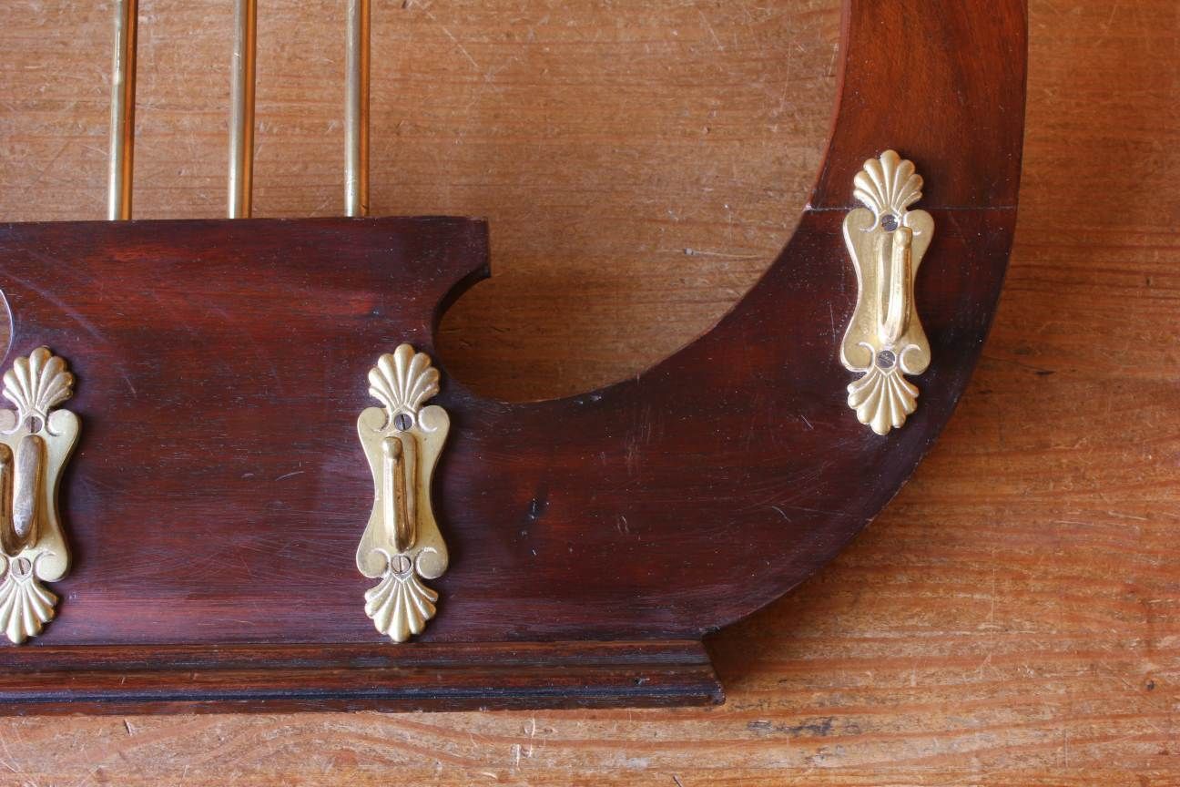 Furniture Lyre Shaped Riding Whip Rack. Victorian Wood & Brass Hat Coat Hook Stand. photo