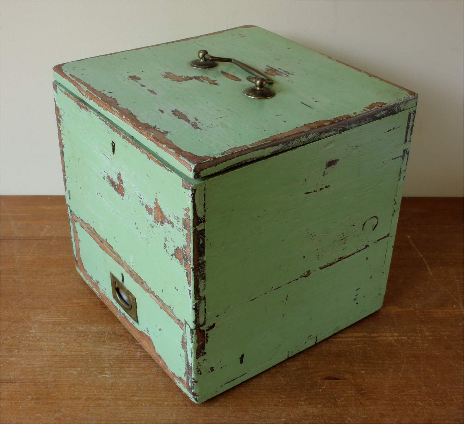 Wood Green Painted Pine Cabinet. Rustic 19th Century Drawer Storage Box. photo furniture
