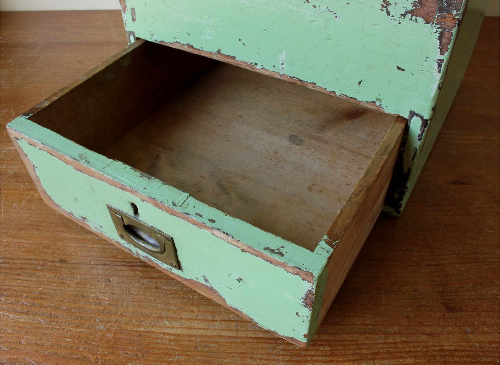 345.0 Wood Green Painted Pine Cabinet. Rustic 19th Century Drawer Storage Box. photo