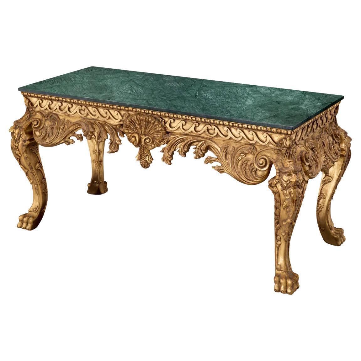 Console Table In Gilded Wood And Green Marble.