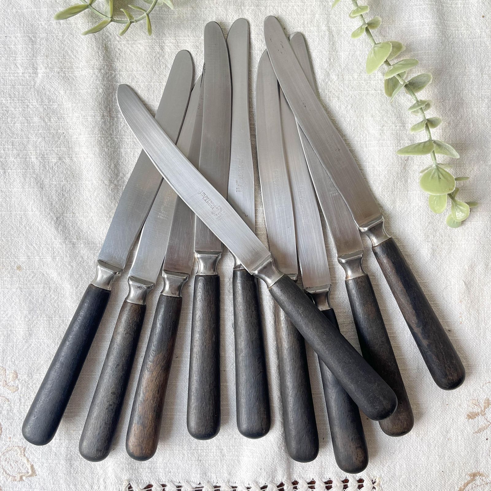 10 Vintage Knives Wood Steel La Rose Silver Medal France   Antique Cutlery   Kitchen Utensils   Vintage Tableware
