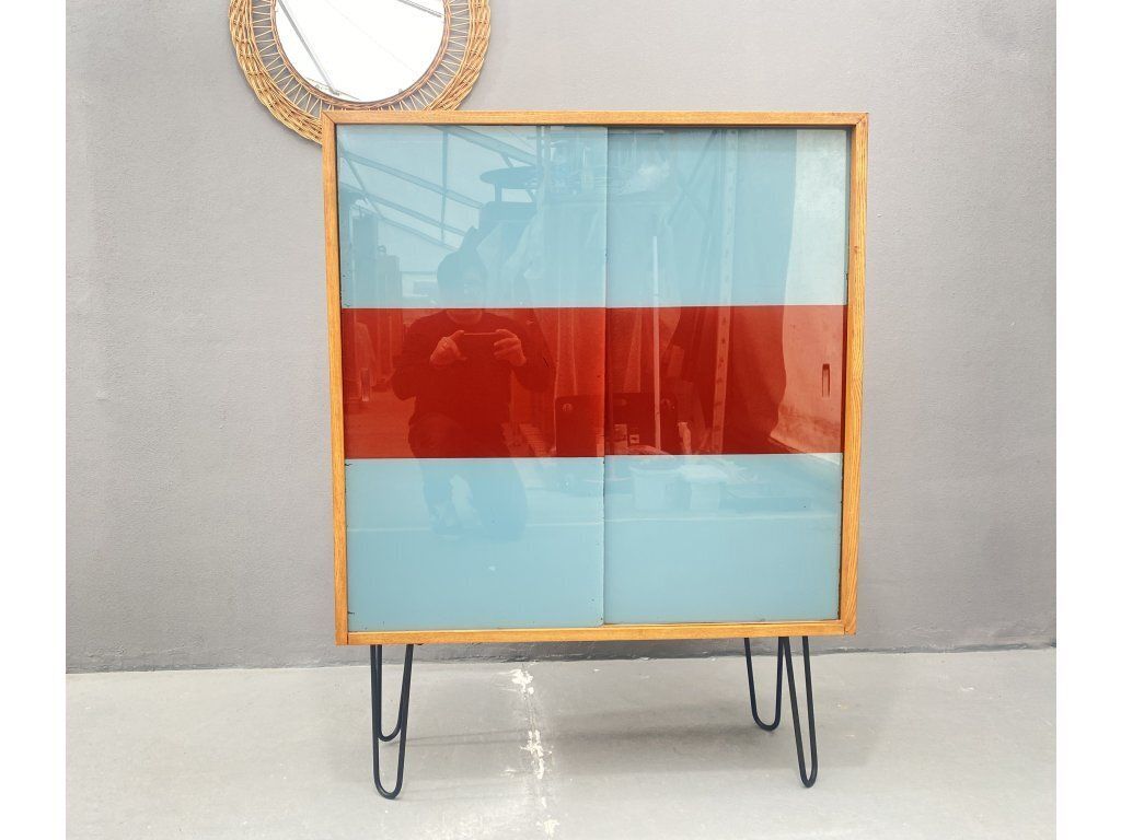 Dřevotvar Hradec Králové Cabinet With Metal Legs And Colored Glass photo vintage